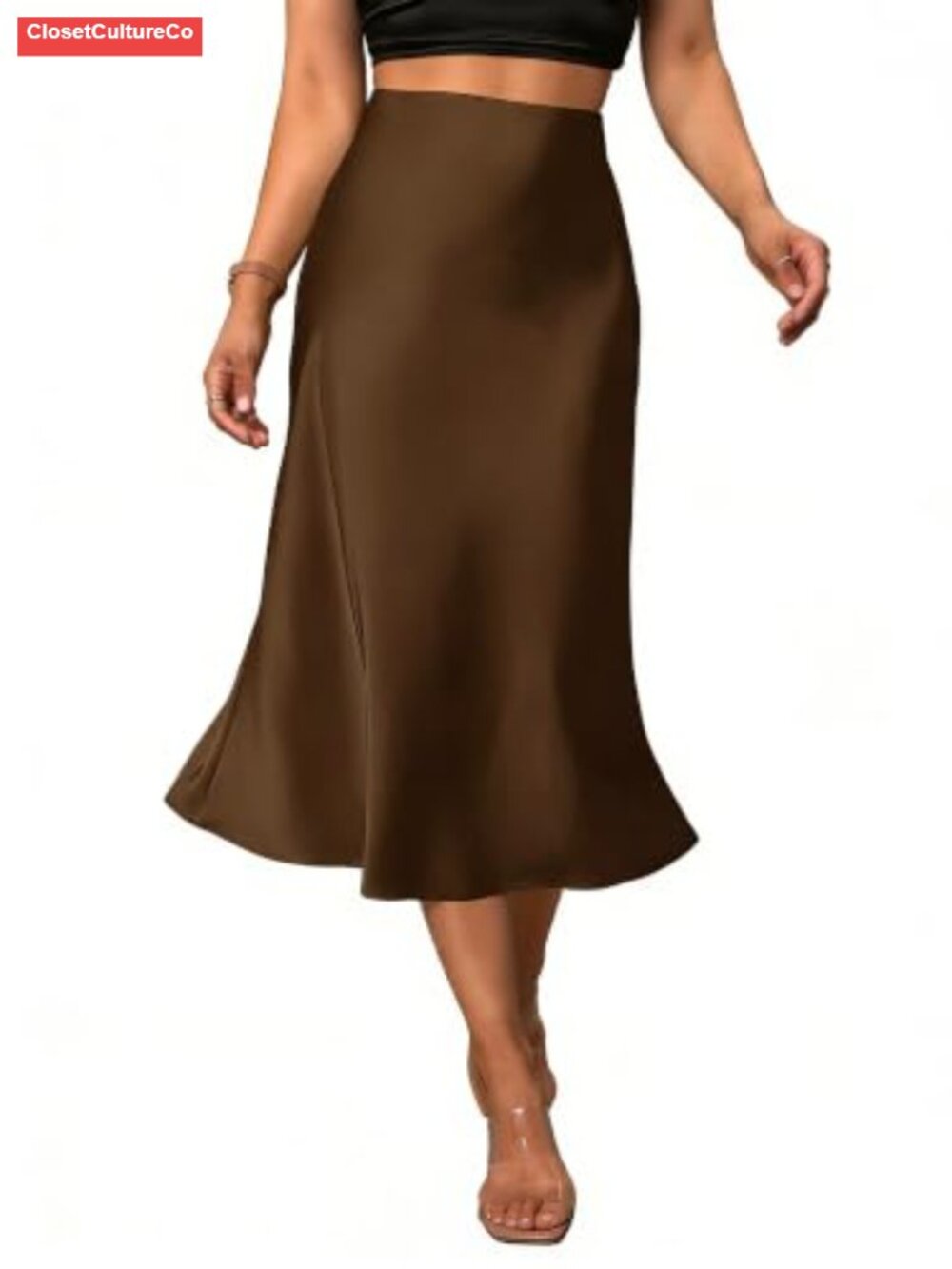 Satin Midi Skirt Fishtail A-Line High Waisted Formal Elegant
